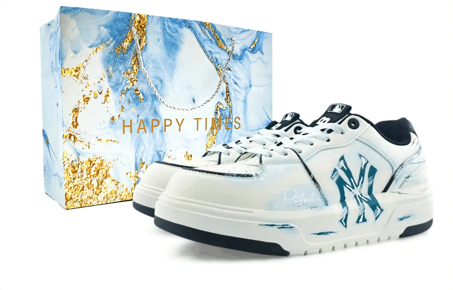 

MLB Толстая внутренняя подкладка, износостойкие низкие скейтбордистские кроссовки унисекс, белый с синим