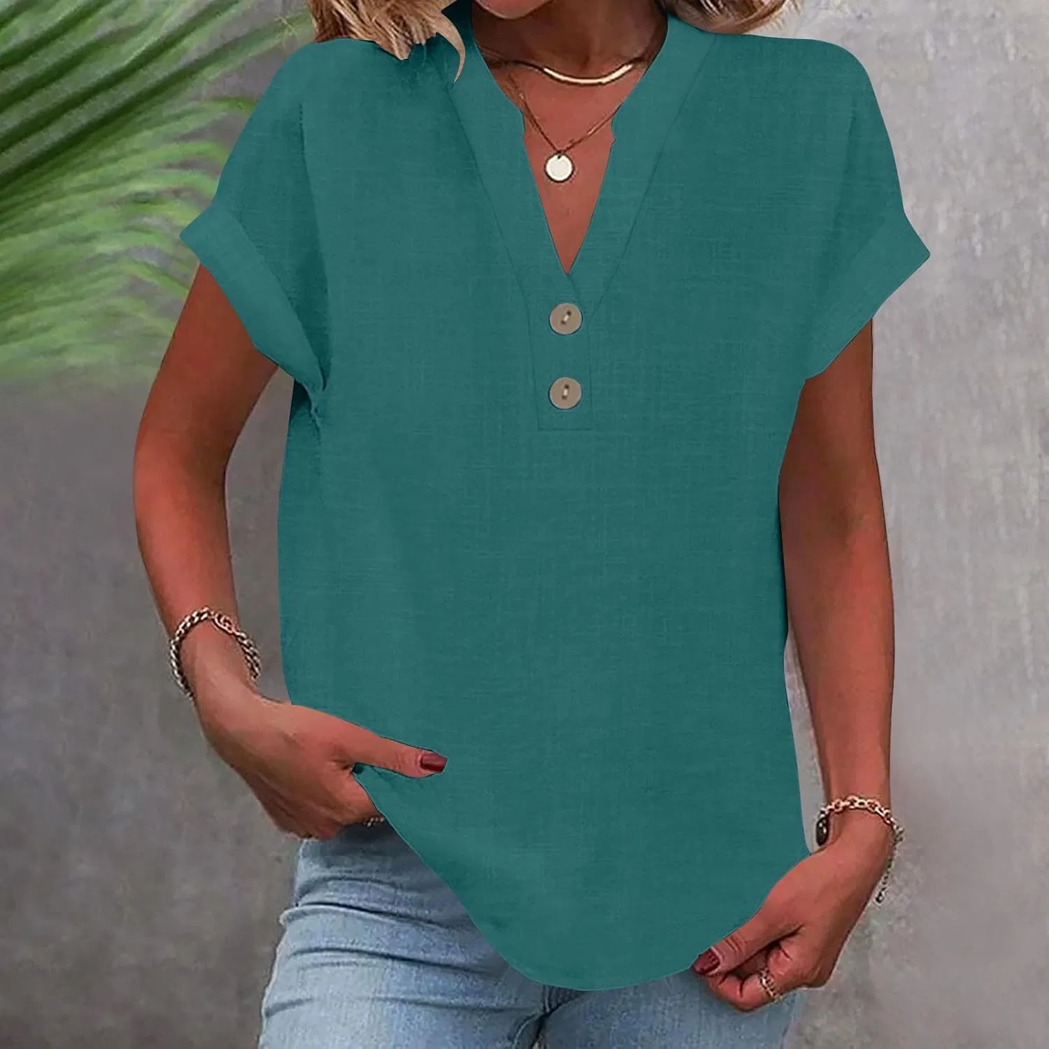 Блуза с V-образным вырезом, Cotton Linen, женская, зеленый — фото 2