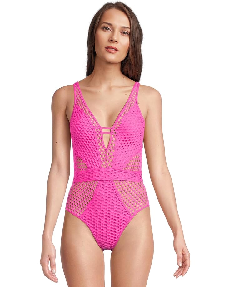 

Купальник BECCA Castaway Fishnet Texture Plunge One Piece, цвет Azalea
