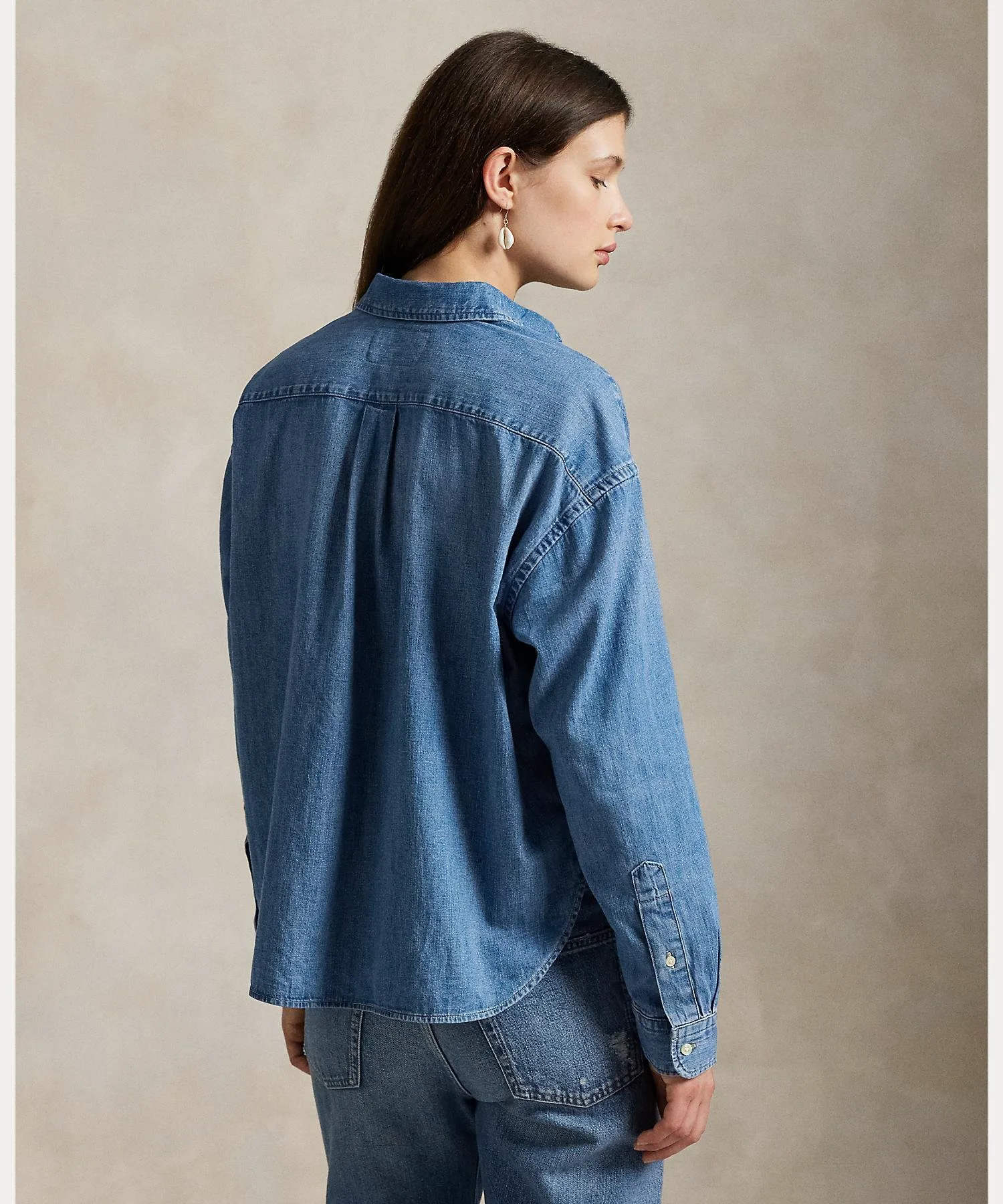 Укороченная свободная джинсовая рубашка Polo Ralph Lauren, 400 Blue — фото 4