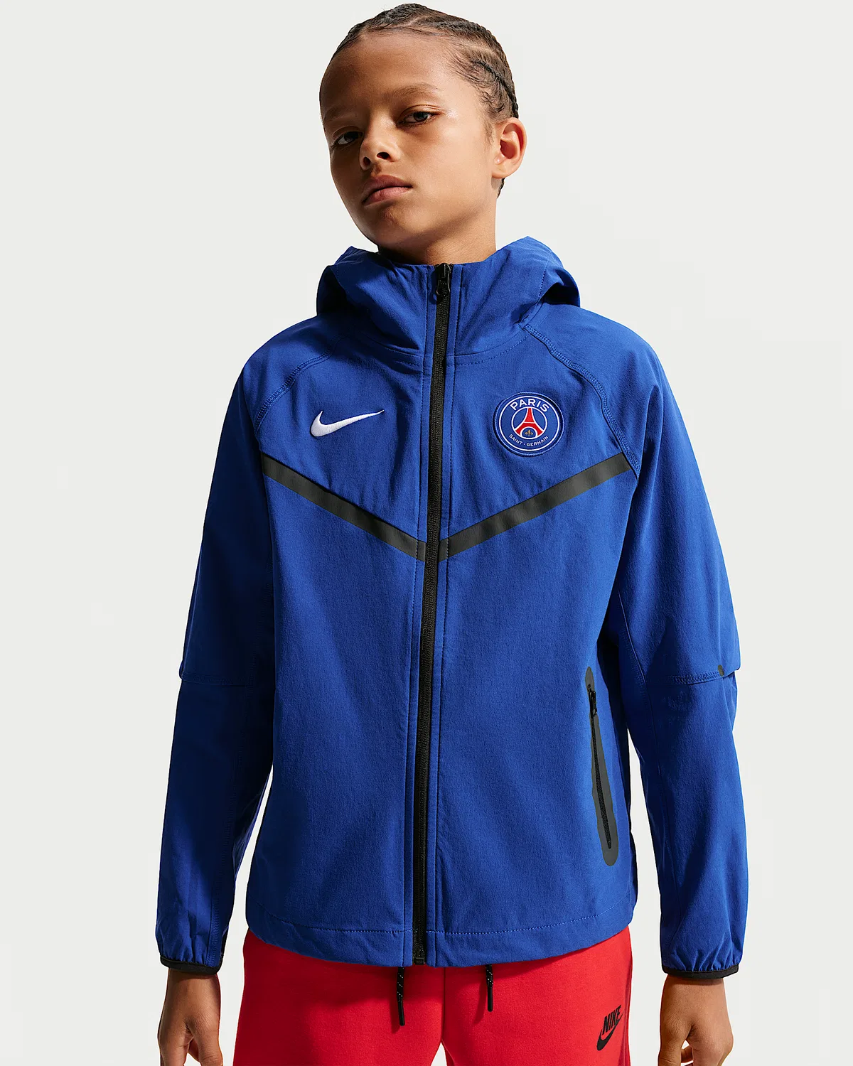 Большие детские Nike Dri-FIT Soccer Woven Anthem Jacket Paris Saint-Germain Tech Home, Old Royal/White/White