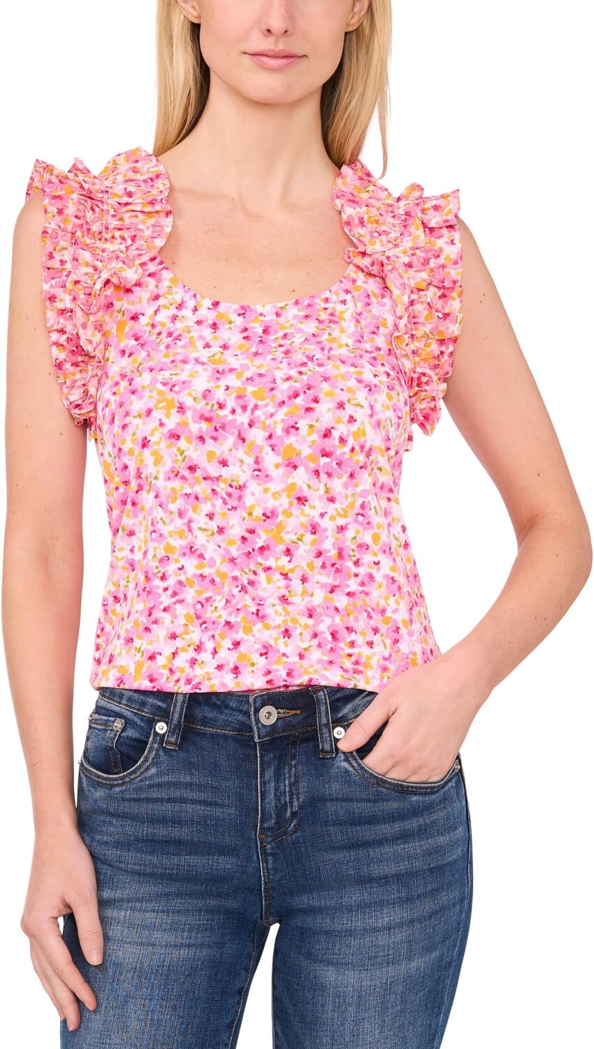 

Топ CeCe Floral Ruffle Rib Tank, цвет New Ivory