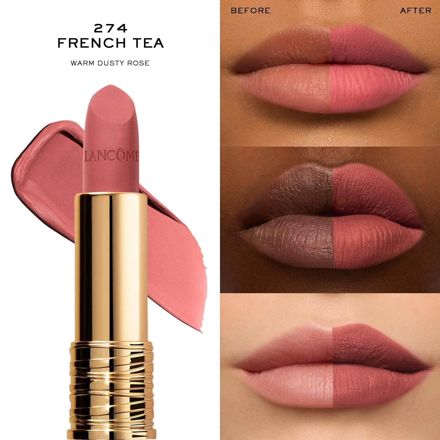 Матовая помада Lancôme L'Absolu Rouge Drama, ультраматовое покрытие, 8-часовое покрытие, керамиды, гиалуроновая кислота, экстракт розы для увлажнения и комфорта, стойкая к размазыванию., 274 French Tea — фото 3