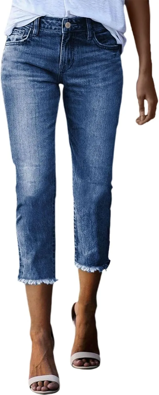 

Женские джинсы Capri High Waisted Stretchy Skinny с необработанным краем Summer Blue LCMTWX