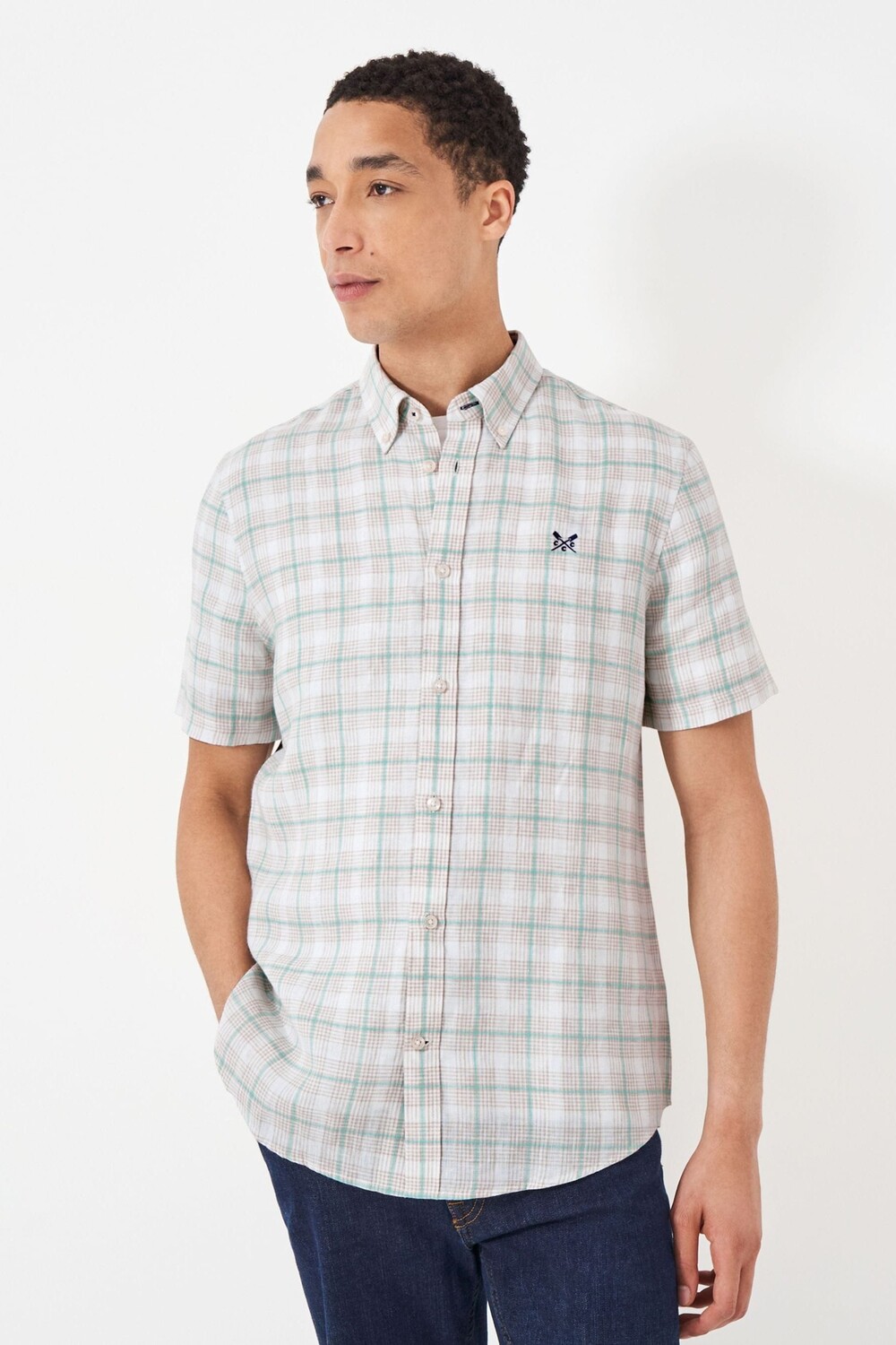 

Льняная рубашка в клетку с короткими рукавами Crew Clothing Crew Clothing Company, бежевый