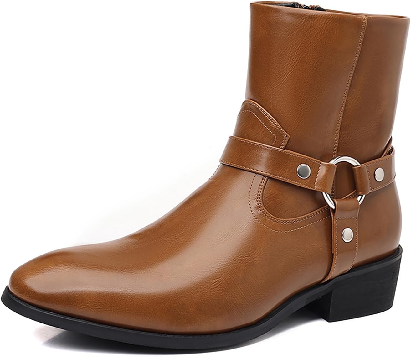 

Мужские кожаные ботинки Челси с металлическим кольцом, боковой молнией, стильным заостренным носком, массивным каблуком, мотоциклетные ботинки, ретро, деловые, рабочие, для вечеринок, прогулочные, классические ботильоны Nxnbhsl, коричневый