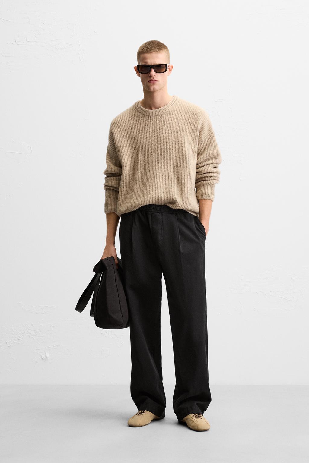 

Брюки в складку из хлопка /льна ZARA, черный