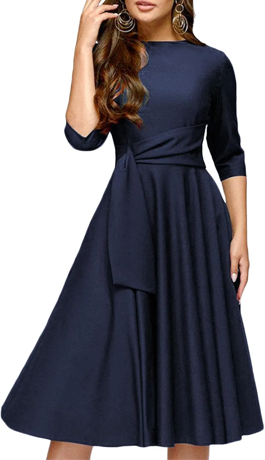 Коктейльное платье для женщин Cocktail Dresses для гостей свадьбы с рукавом 3/4, круглым вырезом, силуэт A-Line, тянущееся Generic, синий — фото 3