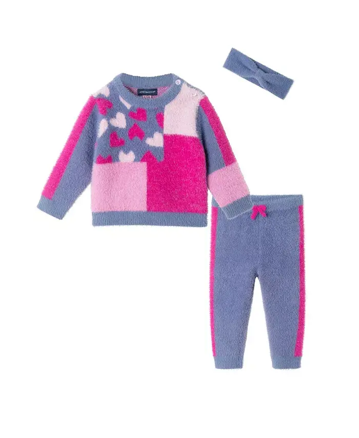 

Комплект для девочки: свитер с цветными блоками в виде сердечек, штанишки и повязка на голову Andy & Evan