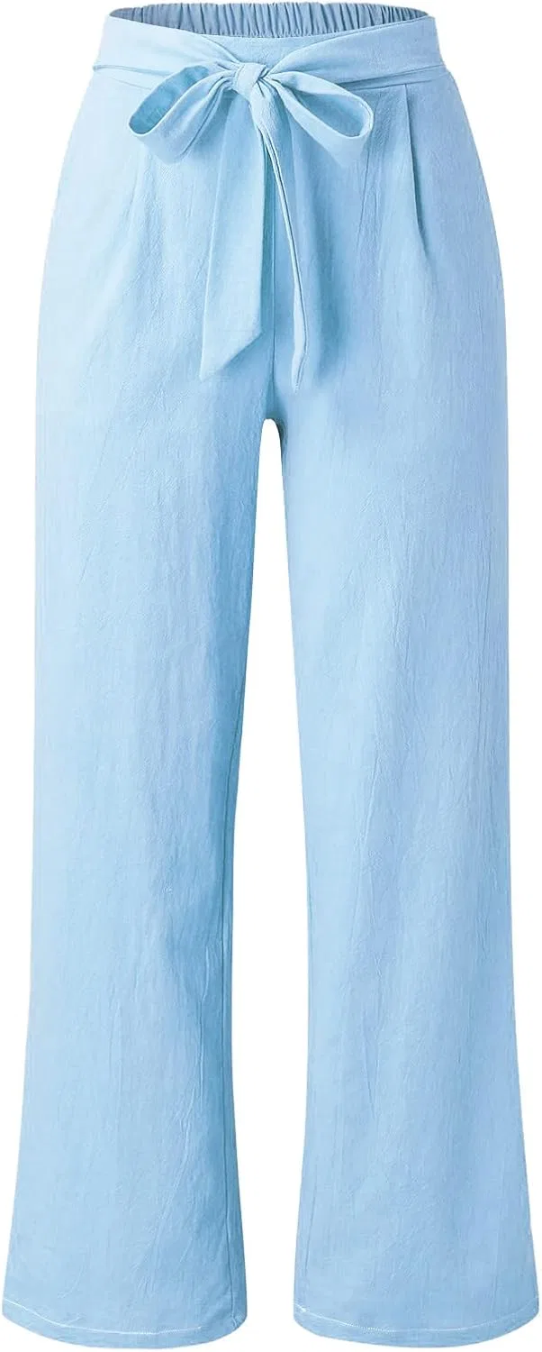 Широкие брюки женские с высокой талией, хлопок и лен, Light Blue — фото 4
