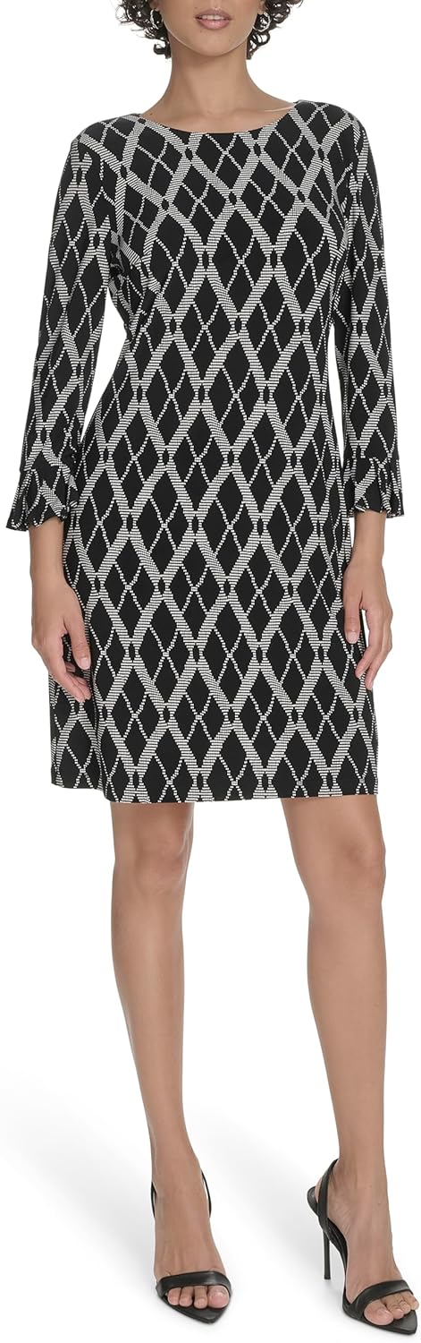 Женское платье-трапеция Tommy Hilfiger из джерси с принтом ромбов и рукавами 3/4, Black/Ivory — фото 2