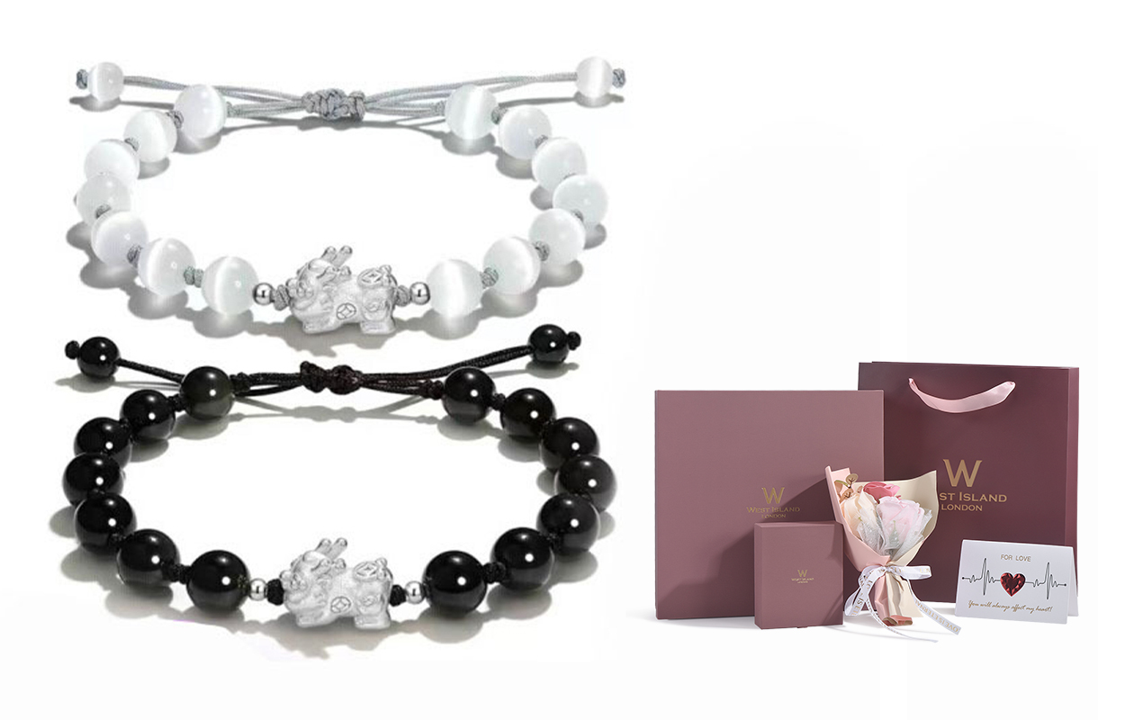 

Браслеты из клубничного кварца и обсидиана unisex West Island, Couple'S Gift Box