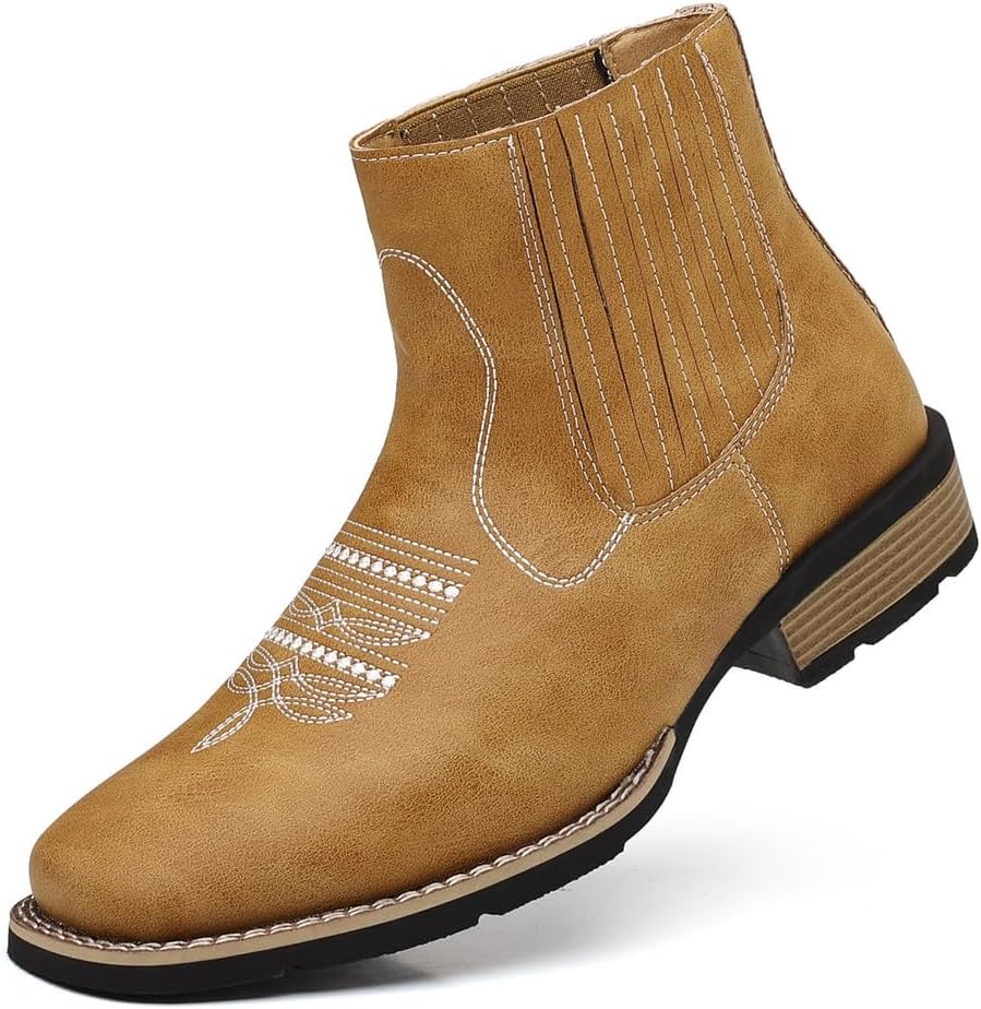 

Мужские западные ковбойские ботинки с запрессовкой PU кожи, ботинки-челси до щиколотки, без шнуровки, с вышивкой, с круглым носком, в ретро-стиле для ранчо, классические, прочные, повседневные, модная обувь для нарядного образа Generic, желтый