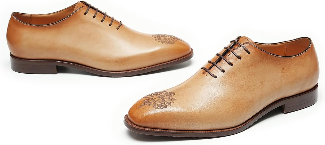 Мужские туфли Santimon из натуральной кожи Oxfords- классические вечерние туфли ручной работы с заостренным носком, шнуровкой и винтажной цветочной гравировкой для деловых встреч, выпускных и свадеб, Tan — фото 3