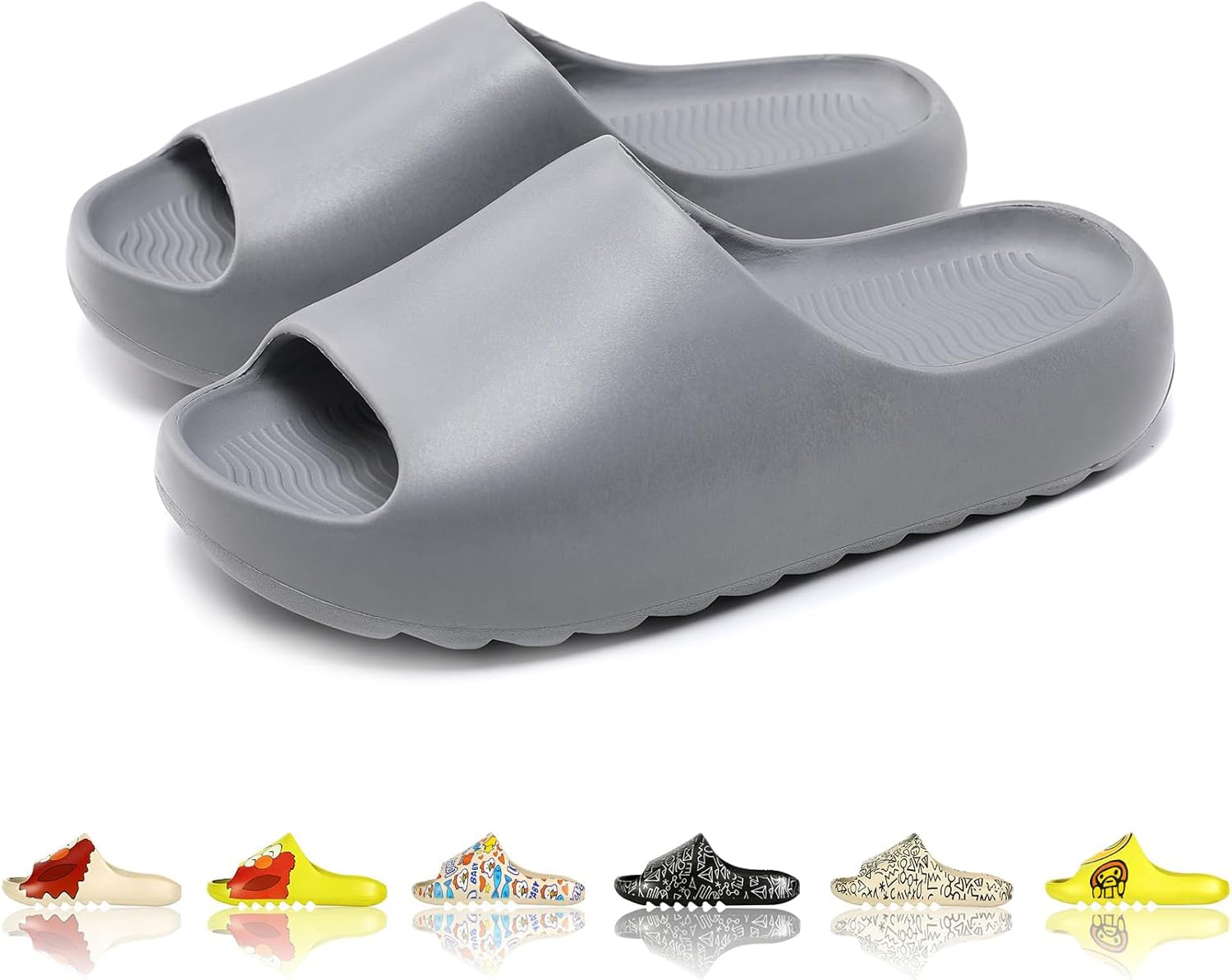 

Мужские и женские тапочки-сланцы с облачной подушкой EVA, милый мультяшный принт, нескользящие для душа, с открытым носком, для ванной, дома, спа, тренажерного зала, мягкая и удобная обувь Tptoes, серый