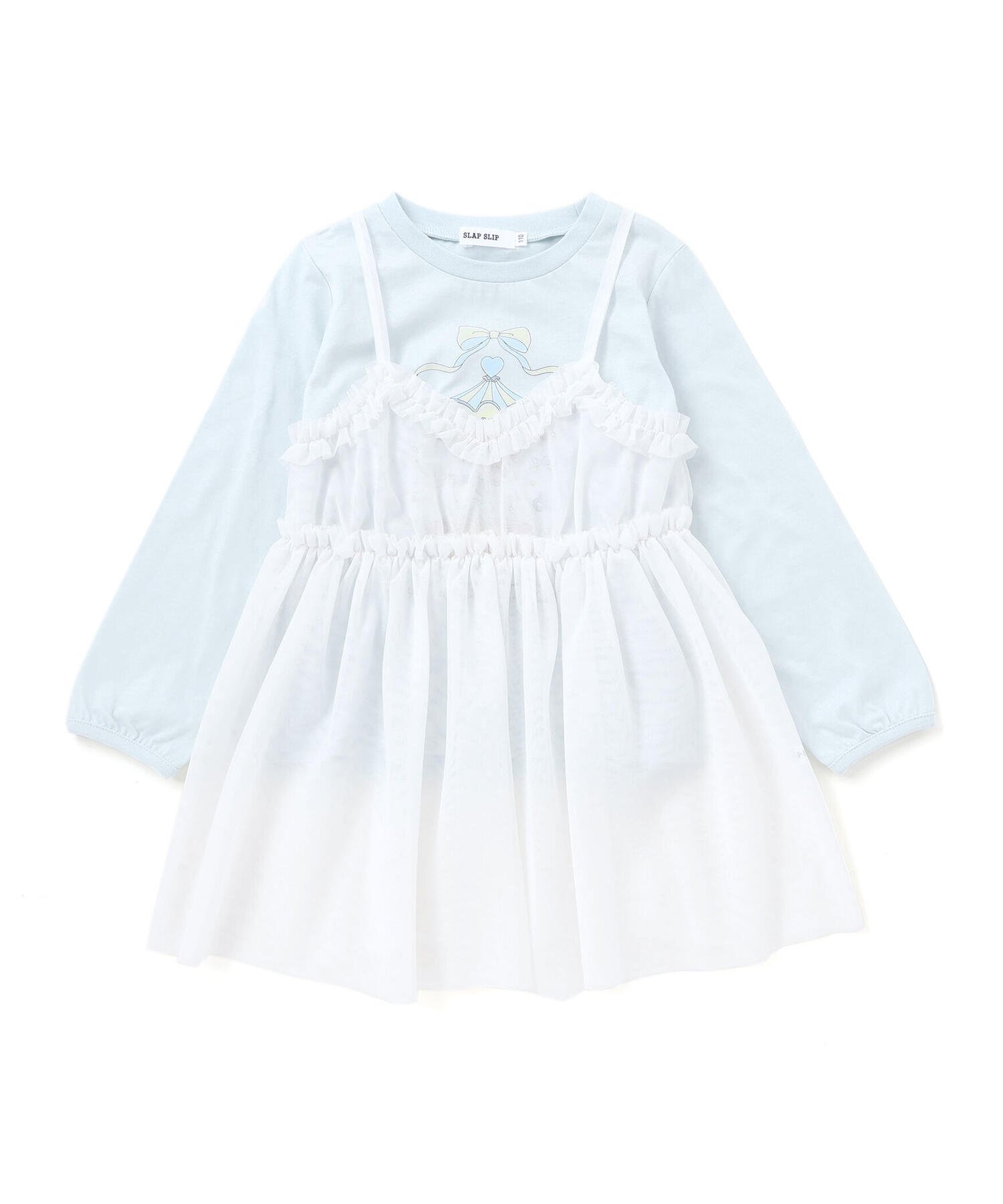 Футболка с принтом карусели + тюлевое платье-комбинация (90–130 см) SLAP SLIP, Light blue x white