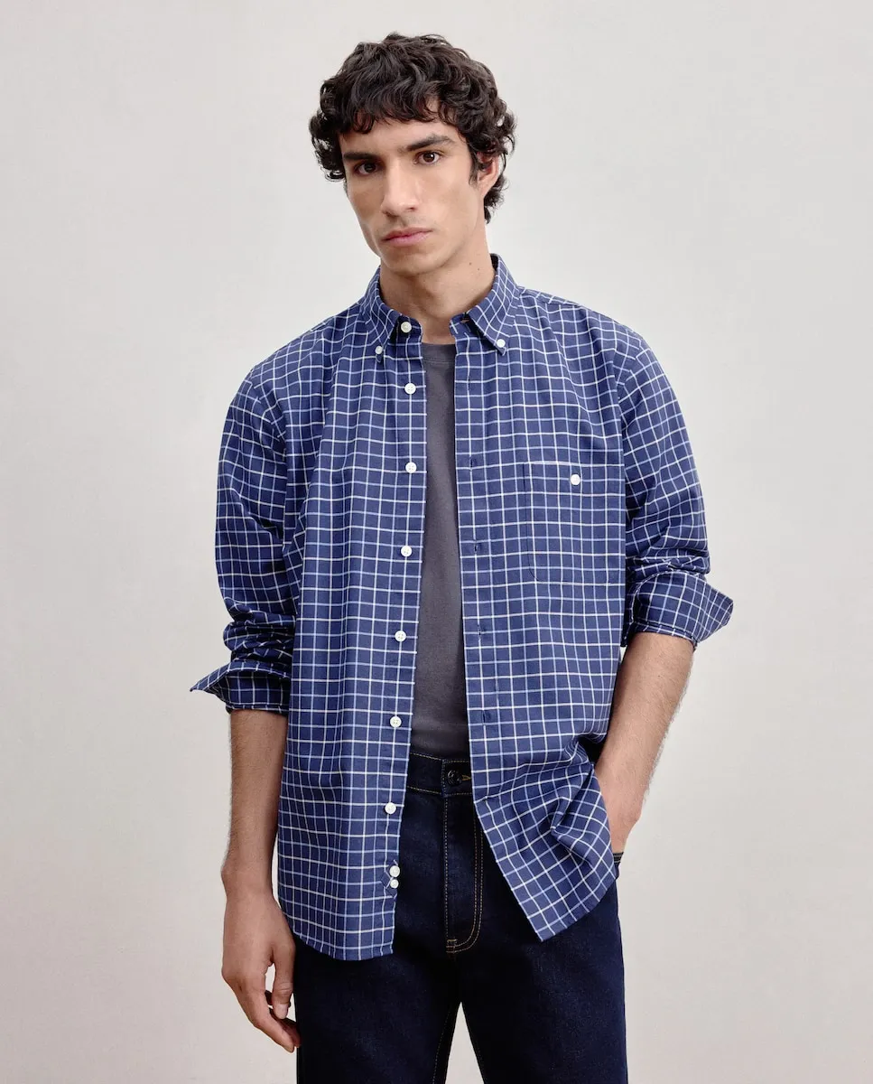 

Мужская рубашка оверсайз с длинным рукавом в клетку классическая Dustin, темно-синий