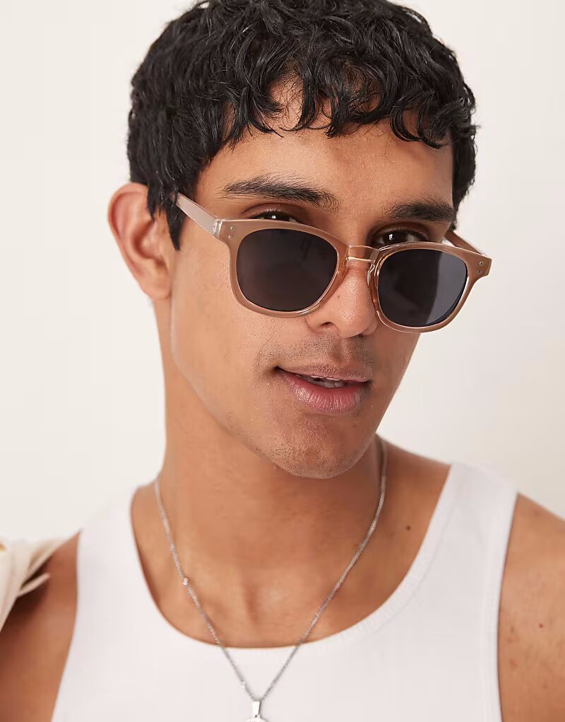 

Солнцезащитные очки ASOS DESIGN прямоугольной формы с дымчатыми линзами и молочно-коричневой оправой