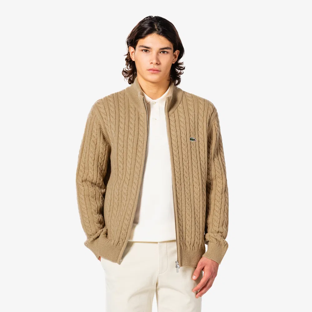 Мужской шерстяной кардиган на молнии с кабельной вязкой бежевый от Lacoste — фото 4