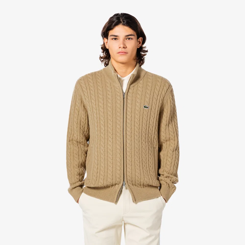 Мужской шерстяной кардиган на молнии с кабельной вязкой бежевый от Lacoste