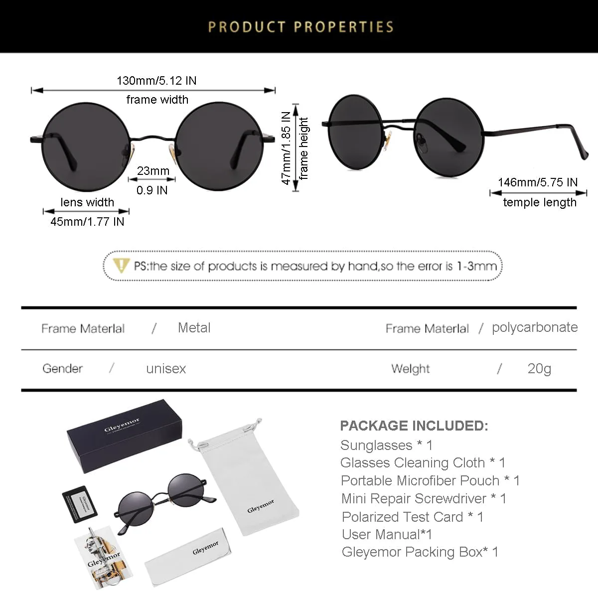 

Поляризованные круглые солнцезащитные очки Gleyemor для мужчин и женщин в стиле хиппи, маленькие круглые очки с красными и желтыми линзами, 04 Black/Grey