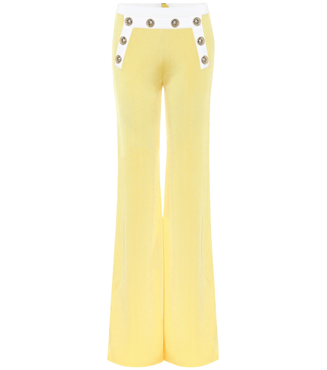 Трикотажные расклешенные брюки с высокой талией Balmain, Jaune/Blanc