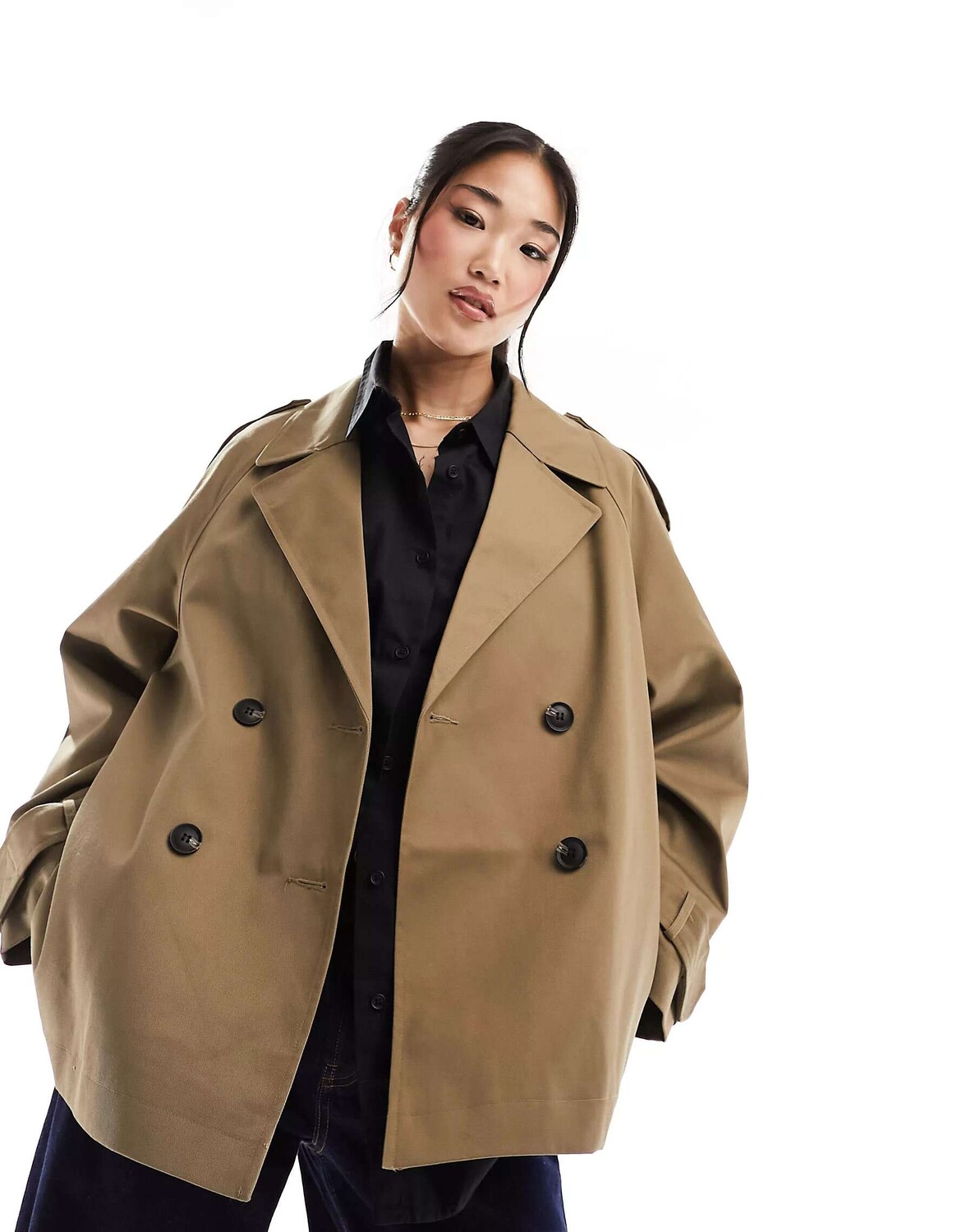 

Короткий тренч оливкового цвета из твила ASOS