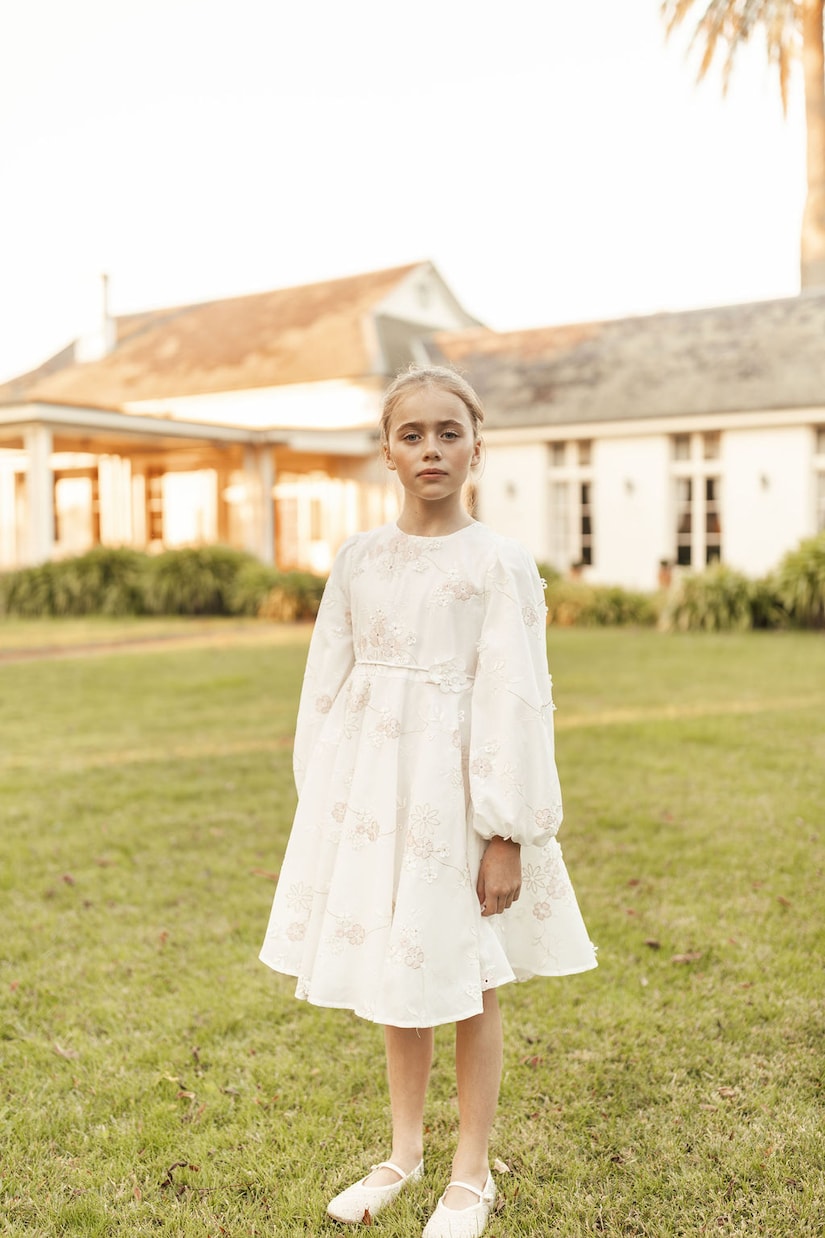 Платье из хлопка с цветочной аппликацией и рукавами-буфами Petite Amalie  , White/Pink — фото 4