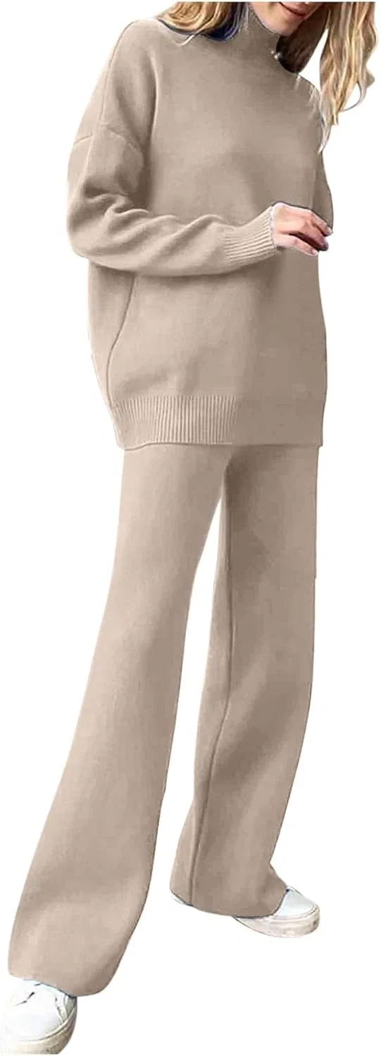 Женский спортивный костюм из 2 предметов, водолазка и широкие брюки, A01_khaki