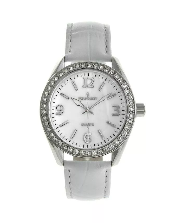 

Женские часы белые 40 мм Bold Crystal Bezel с кожаным ремешком Peugeot