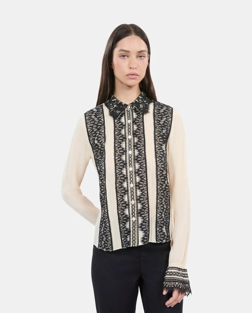 

Женская шелковая рубашка с кружевными вставками The Kooples, бежевый