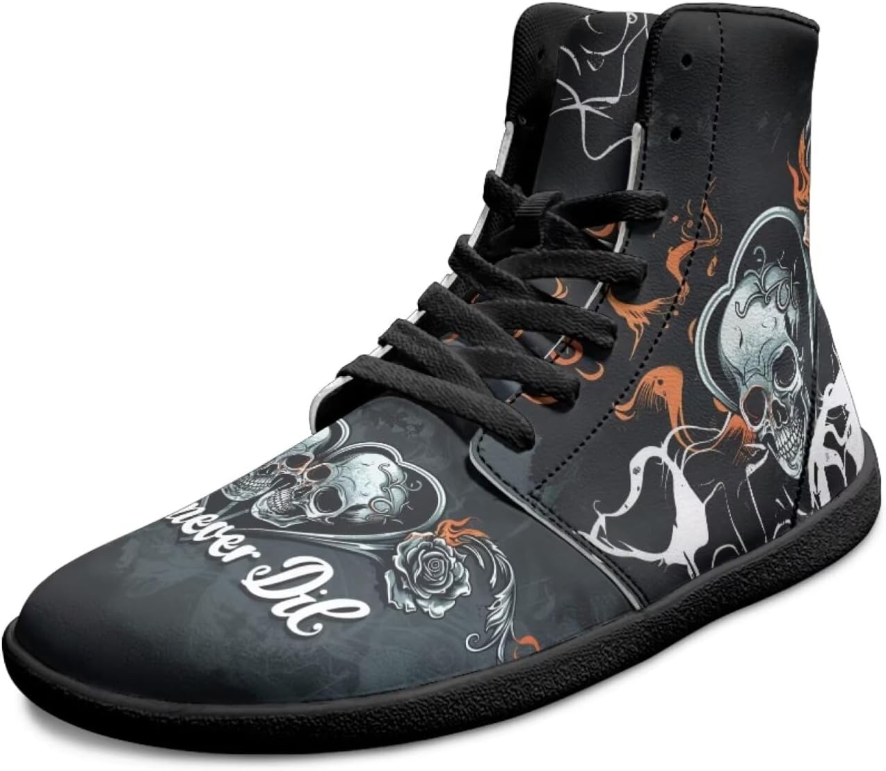 

Готические кроссовки с черепом без каблука для мужчин и женщин, высокие повседневные спортивные кроссовки для ходьбы, противоскользящие, с нулевым перепадом, модные кеды Chririnla, Rose Skeleton Head Love Never Die