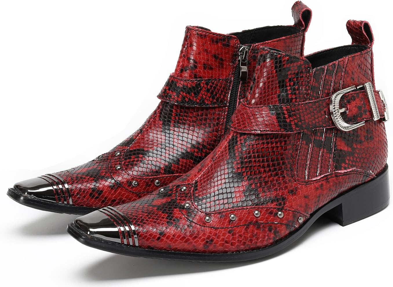 

Мужские ботинки Chelsea Santimon из натуральной кожи с металлическим носком - вечерние и повседневные ботинки под кожу змеи с боковой молнией и пряжкой с заклепками для вечеринок, клубов и диско, красный