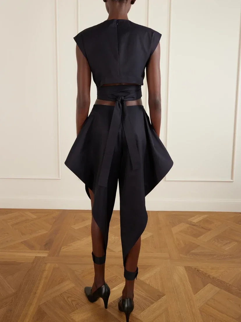 Укороченный топ из хлопкового габардина с поясом Alaïa, синий — фото 3
