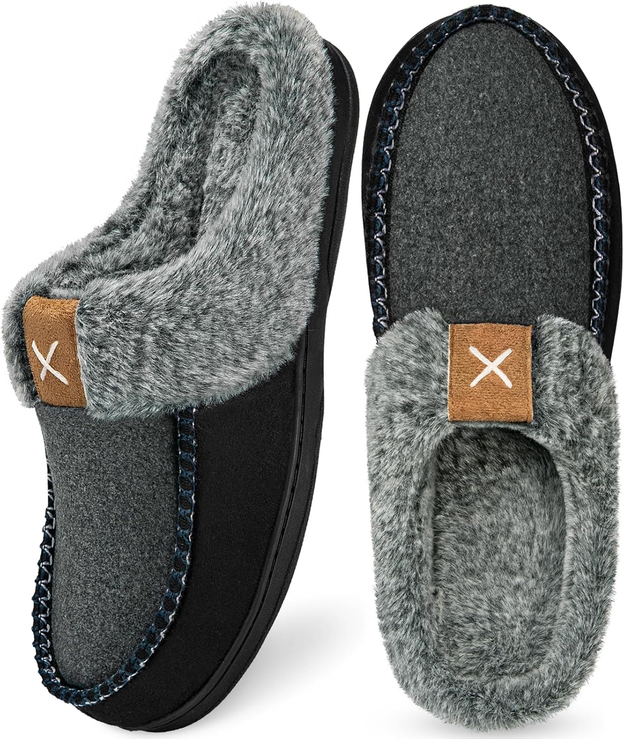 

Мужские тапочки Homitem Moccasins с эффектом памяти, пушистые тапочки для мужчин, с шерстяной подкладкой, для дома, улицы, с противоскользящей резиновой подошвой, для дома и спальни, черный/серый