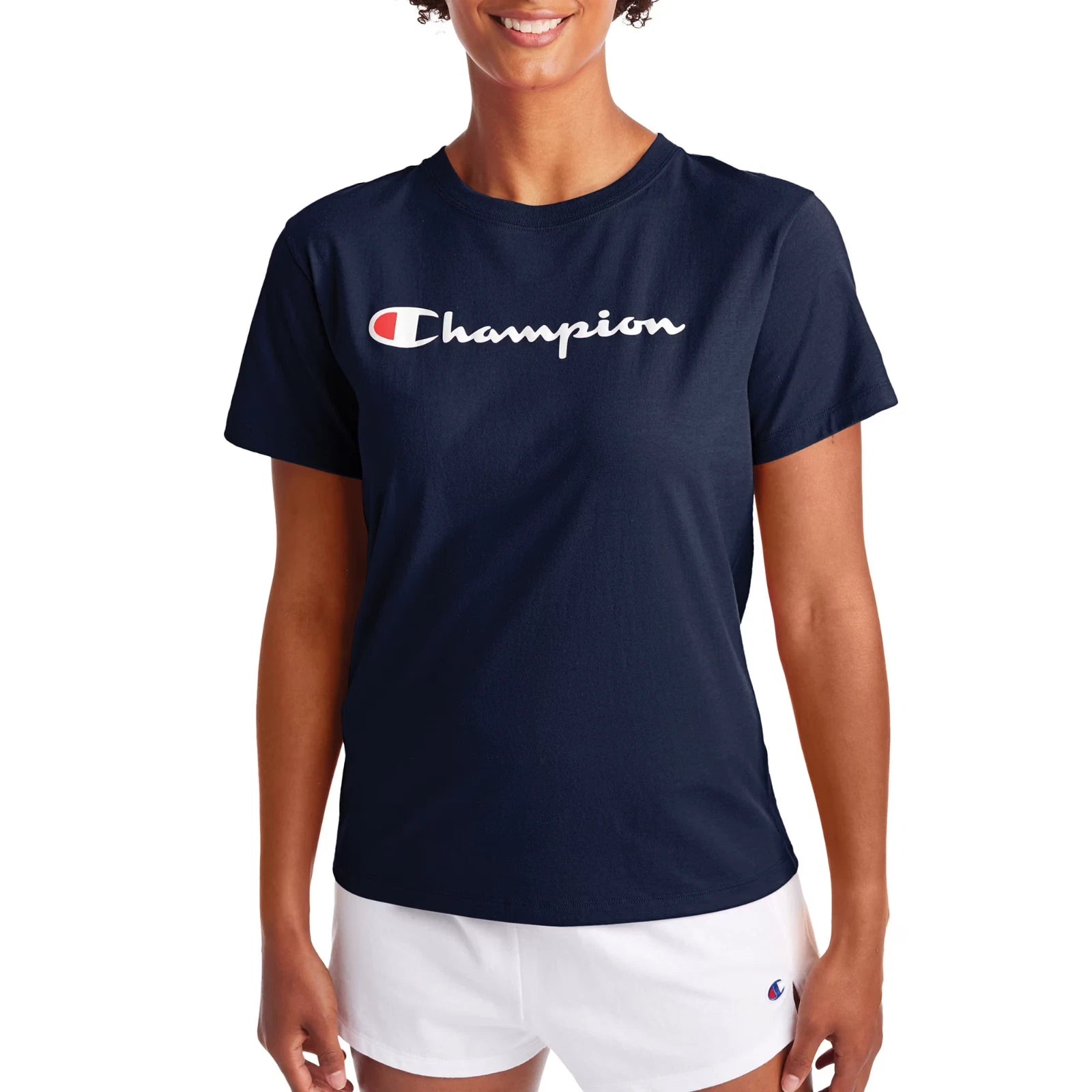 

Женская спортивная футболка Champion Classic Tee темно-синего цвета с круглым вырезом и коротким рукавом, цвет RED598