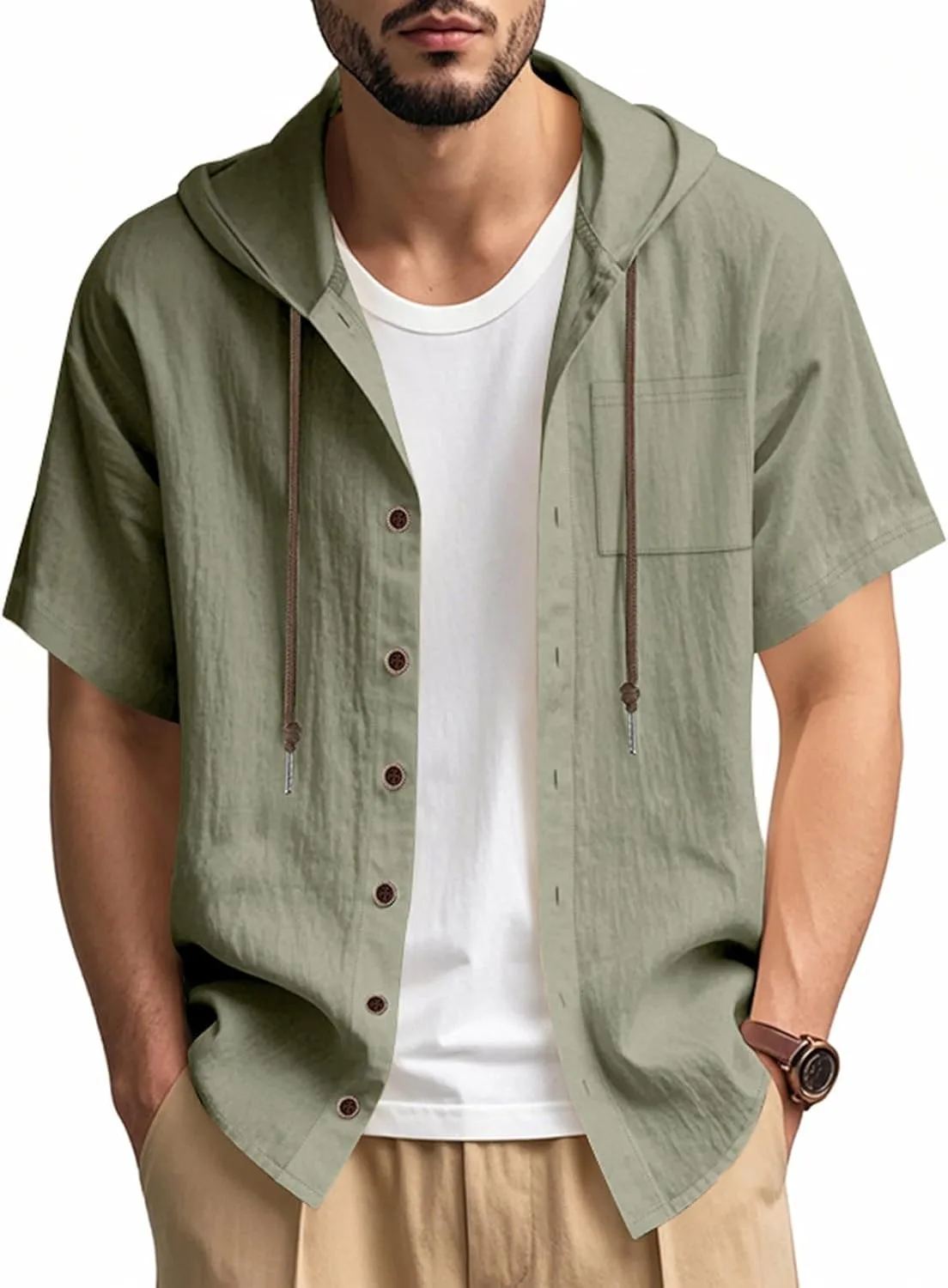 

Мужская хлопковая льняная толстовка с коротким рукавом и капюшоном