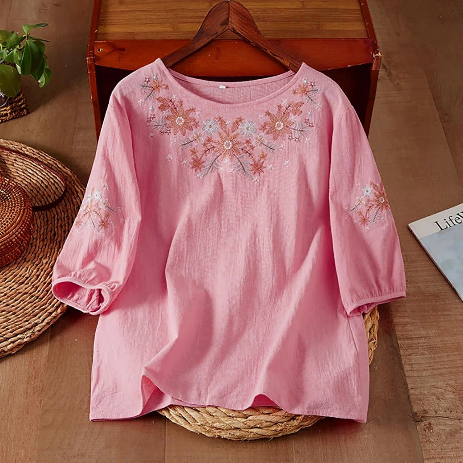 Футболка из хлопка и льна, женская, Oversize, розовый — фото 3