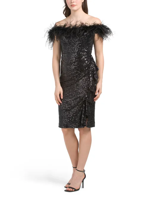 

Мини-платье с открытыми плечами и пайетками, украшенное перьями Badgley Mischka, черный
