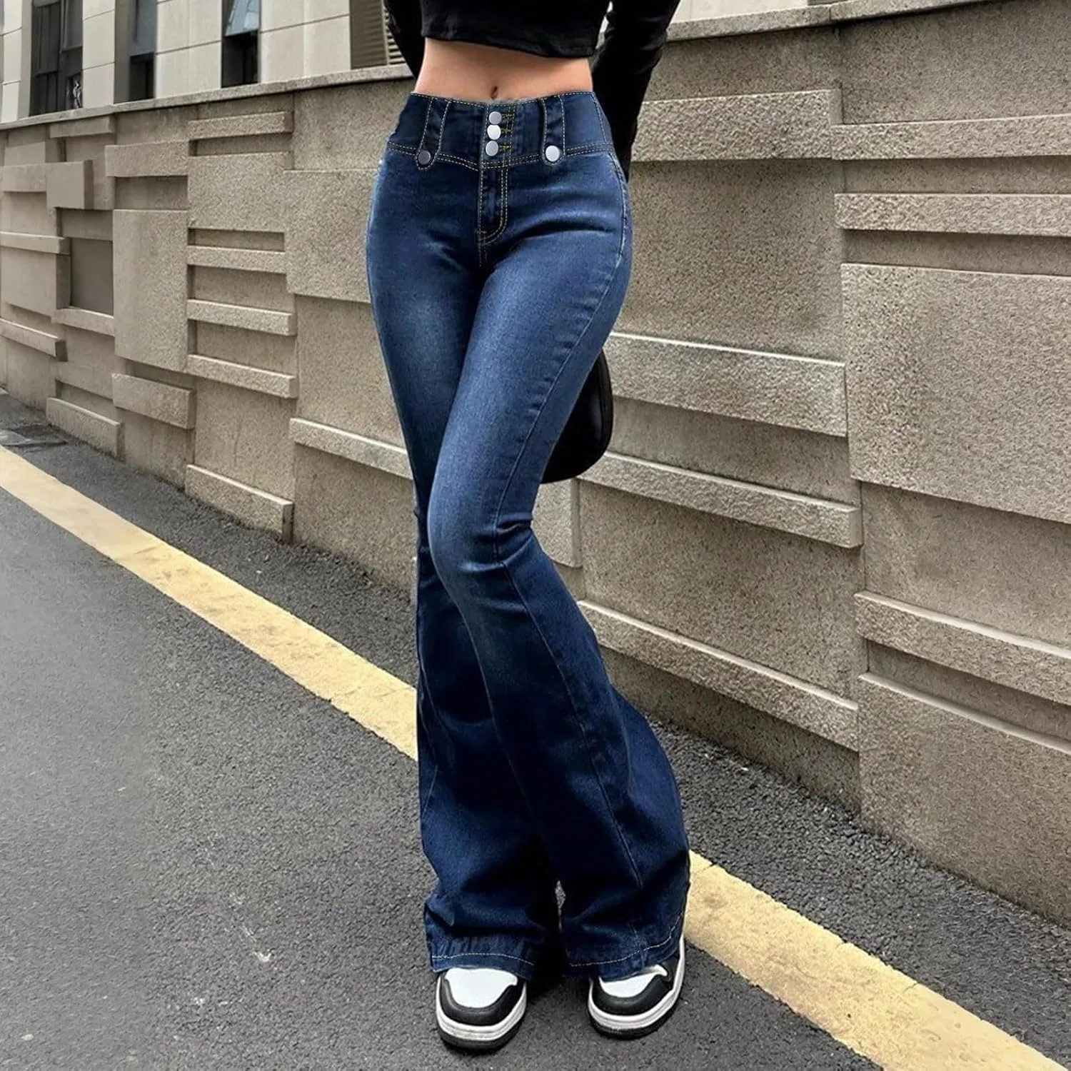 Джинсы клеш, Women's High Waisted Straight Leg Boyfriend Stretchy Jeans Trendy Bootcut Flare Bell Bottom Denim Pants, синий — фото 2