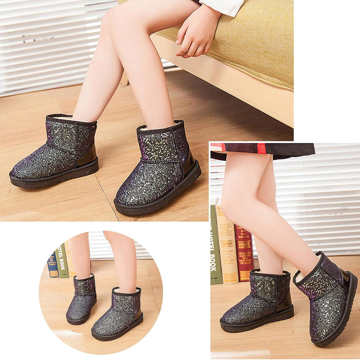 Techcity Boys Girls Winter Warm Snow Boots Sequin Fur Lined Waterproof Boot Glitter Princess Outdoor Shoes(Toddler/Little Kid), Glitter Black — фото 2