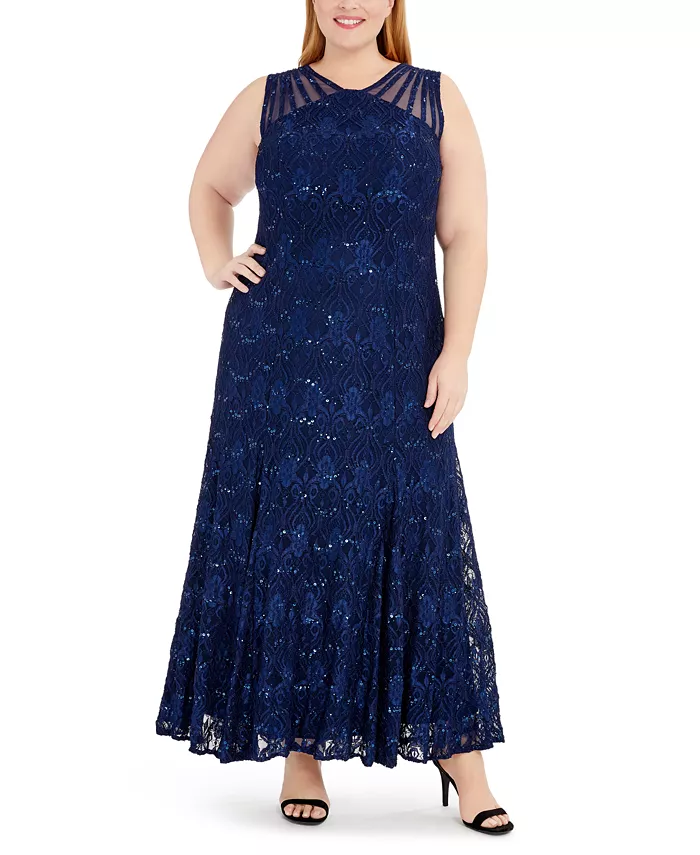 

Платье вечернее с кружевом и пайетками Plus Size R & M Richards, синий