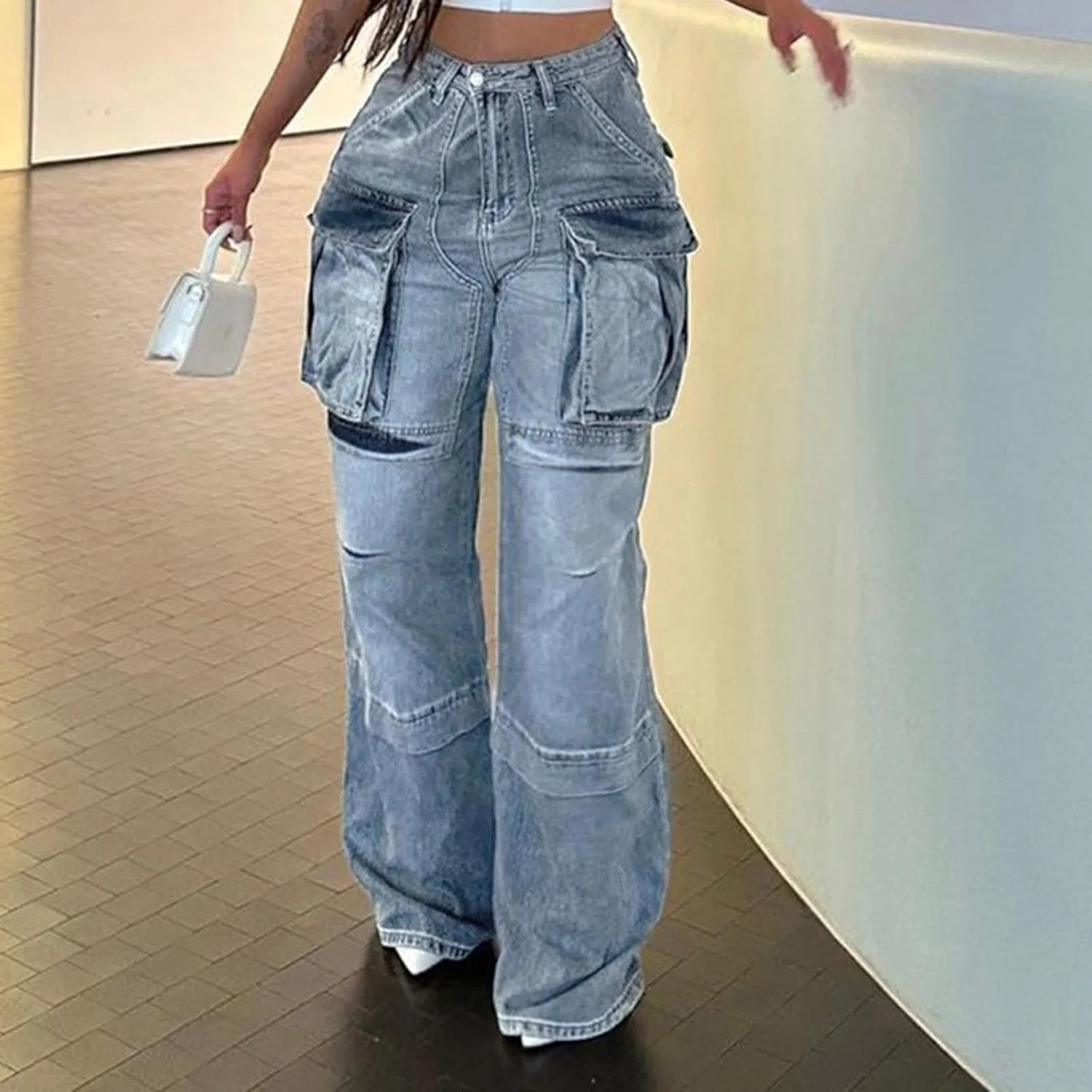 Джинсы карго широкие, бренд не указан, синий — фото 2