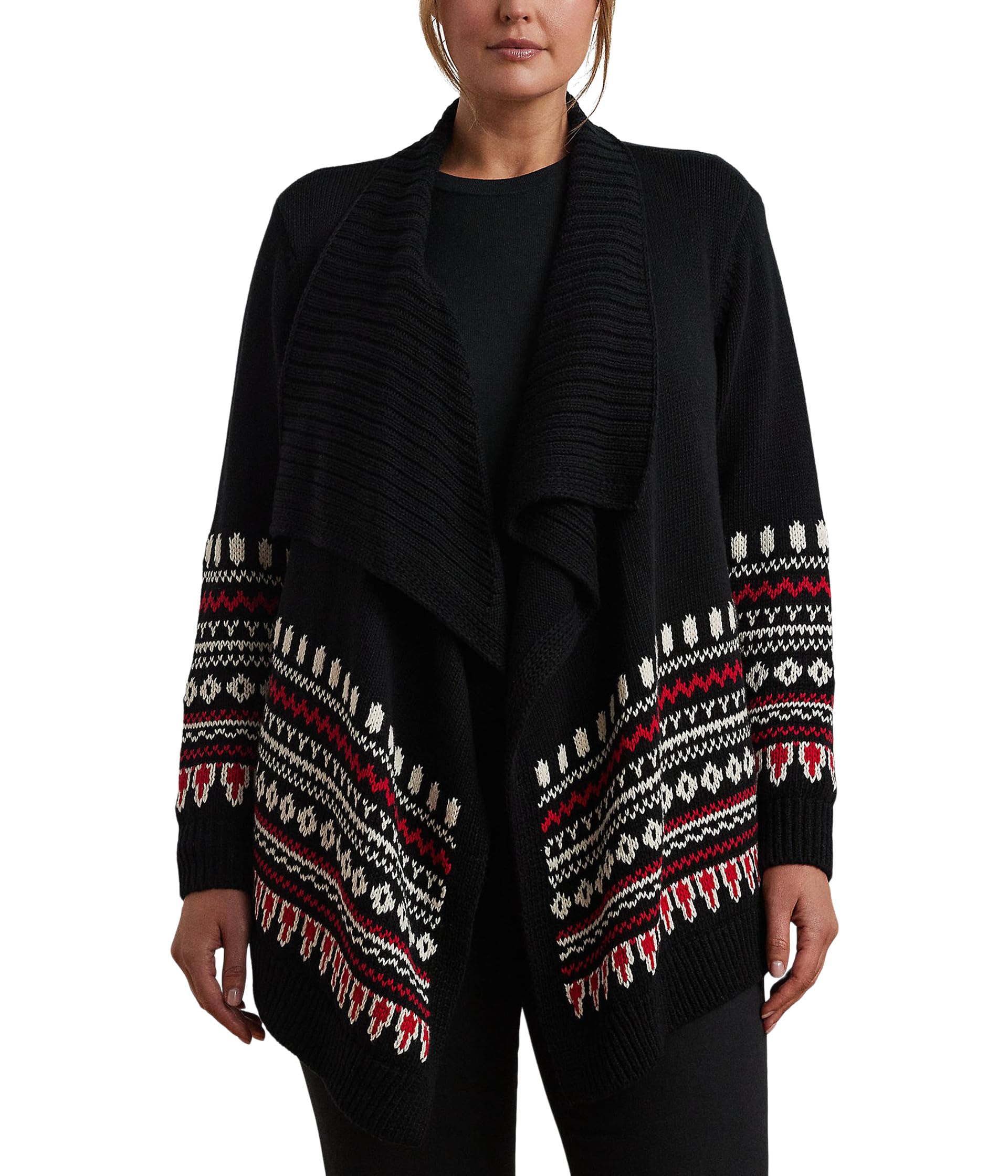

Свитер Lauren Ralph Lauren Plus Size Fair Isle Cotton Shawl-Collar Cardigan, Black/Cream/Red