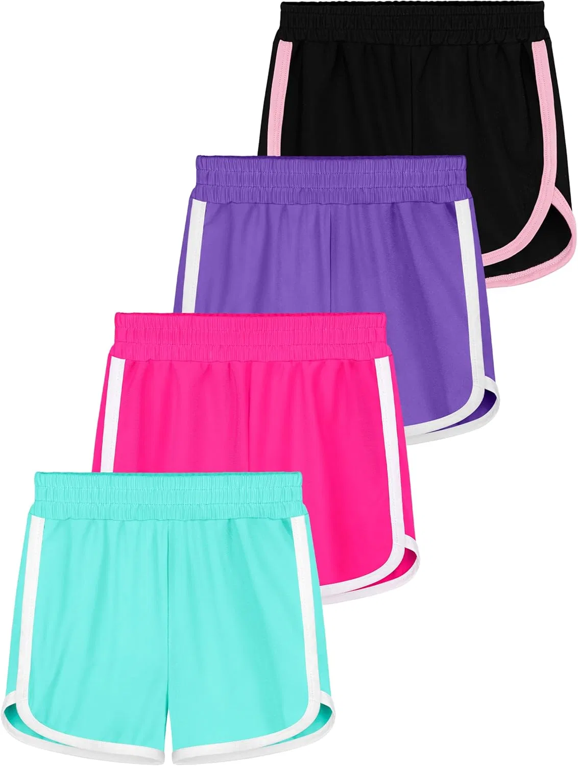 Resinta 4 Pack Toddler Girls Soccer Shorts Toddler Athletic Performance Shorts Dolphin Gym Shorts, Black, Lake Blue, Hot Pink, Purple