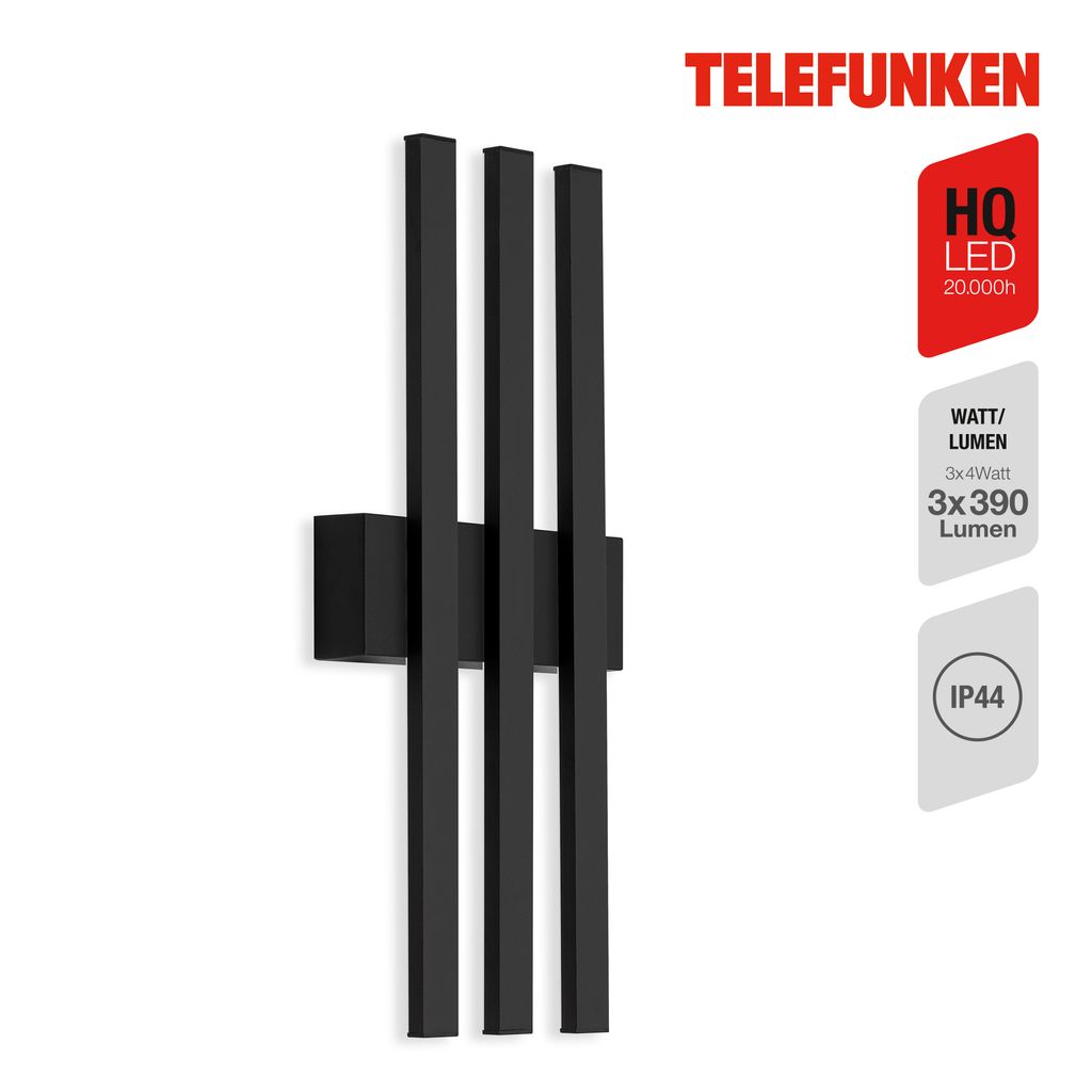 

Telefunken GRAZ - настенный светильник для наружного освещения - 313305TF - конструкция с плоской светодиодной панелью - непрямое освещение - нейтральный белый 4000K - 12 Вт - 1170 лм - IP44 - 20 000 часов - 37 x 15,5 x 4,2 см, черный