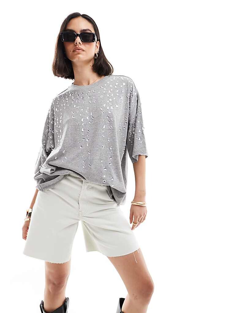 

ASOS DESIGN – Серая футболка оверсайз, украшенная кристаллами