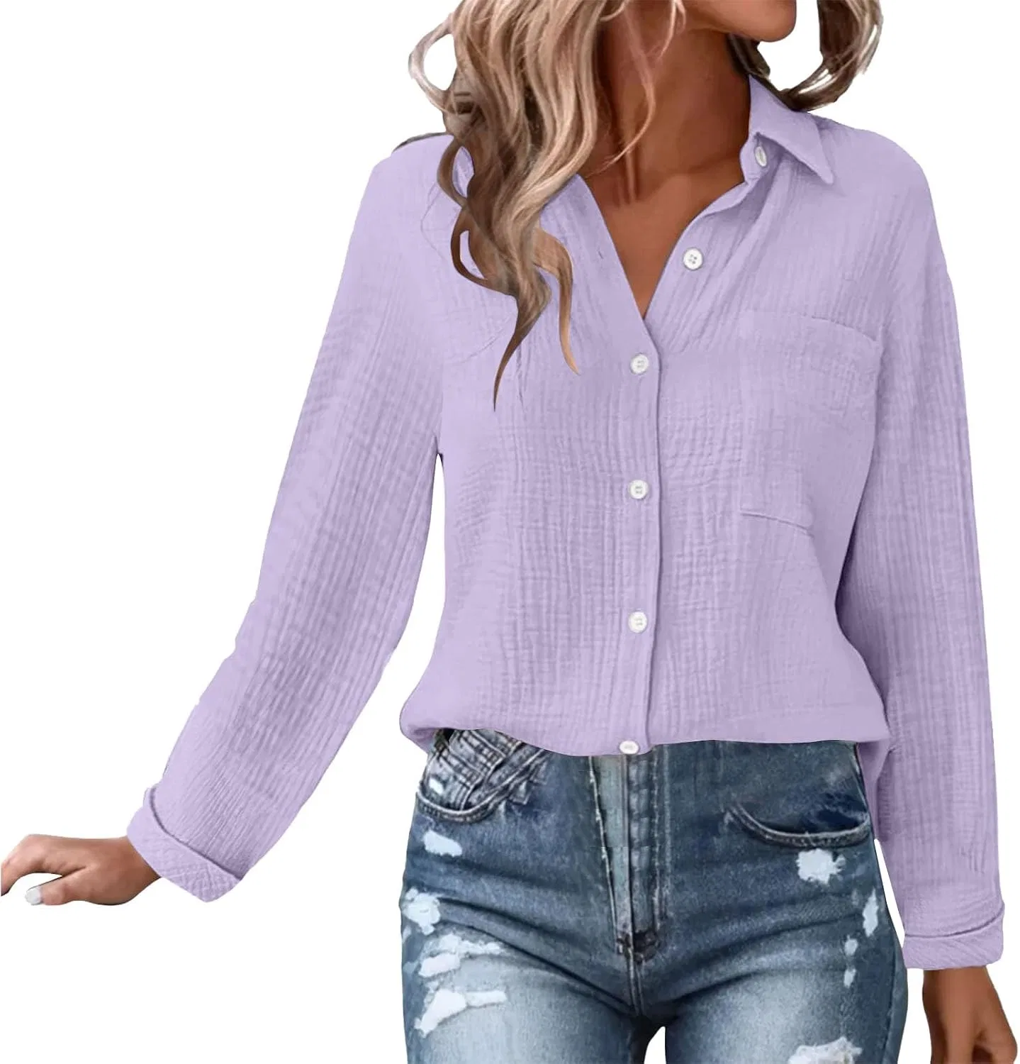 Блуза женская, льняная, плиссированная, с поясом, свободная, Casual, Light Violet — фото 4