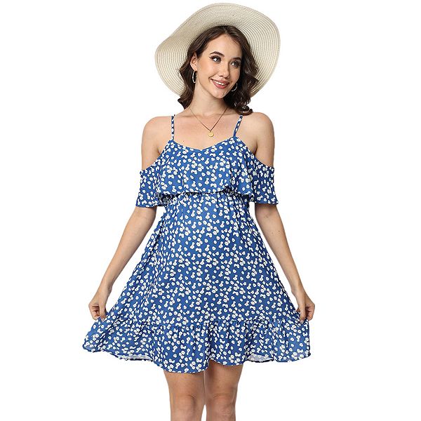 

Платье для кормления с рюшами на рукавах и принтом ромашек, A-line, многослойное, свободного кроя Kojooin, Blue