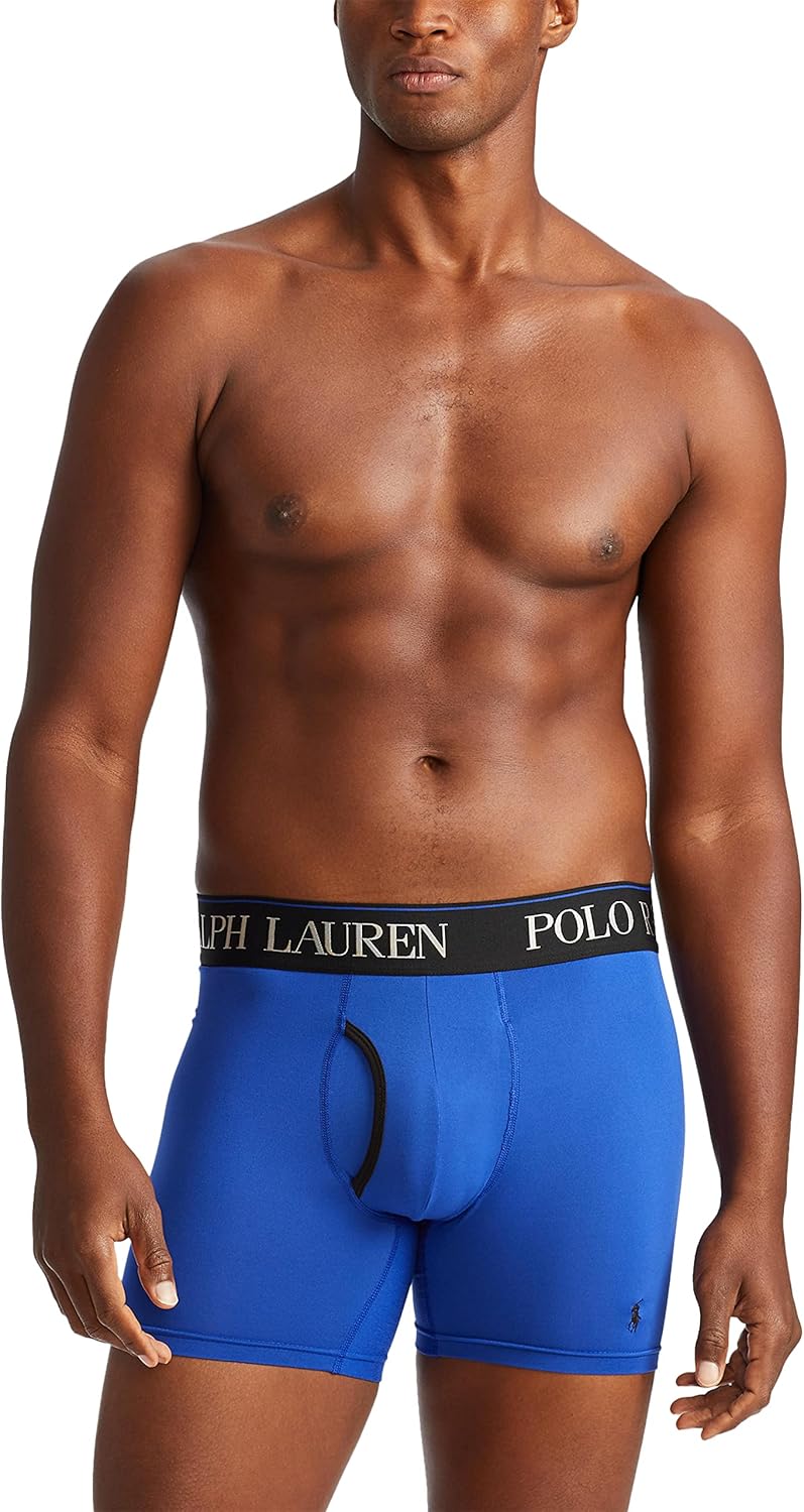 Мужские боксеры-трусы POLO RALPH LAUREN 4D Flex Cooling из микрофибры, длинные и плавки, 3 пары, Charcoal/Rugbyroyal/Polo Black — фото 4